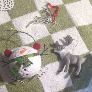 Pier 1 Festive Snowman and Reindeer Ornament Trio - Red, Green, Silver, Brown